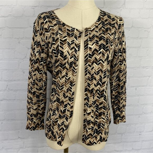 Ann Taylor Loft Small Brown Tan Graphic Chevron Button Up Cardigan - Picture 1 of 6